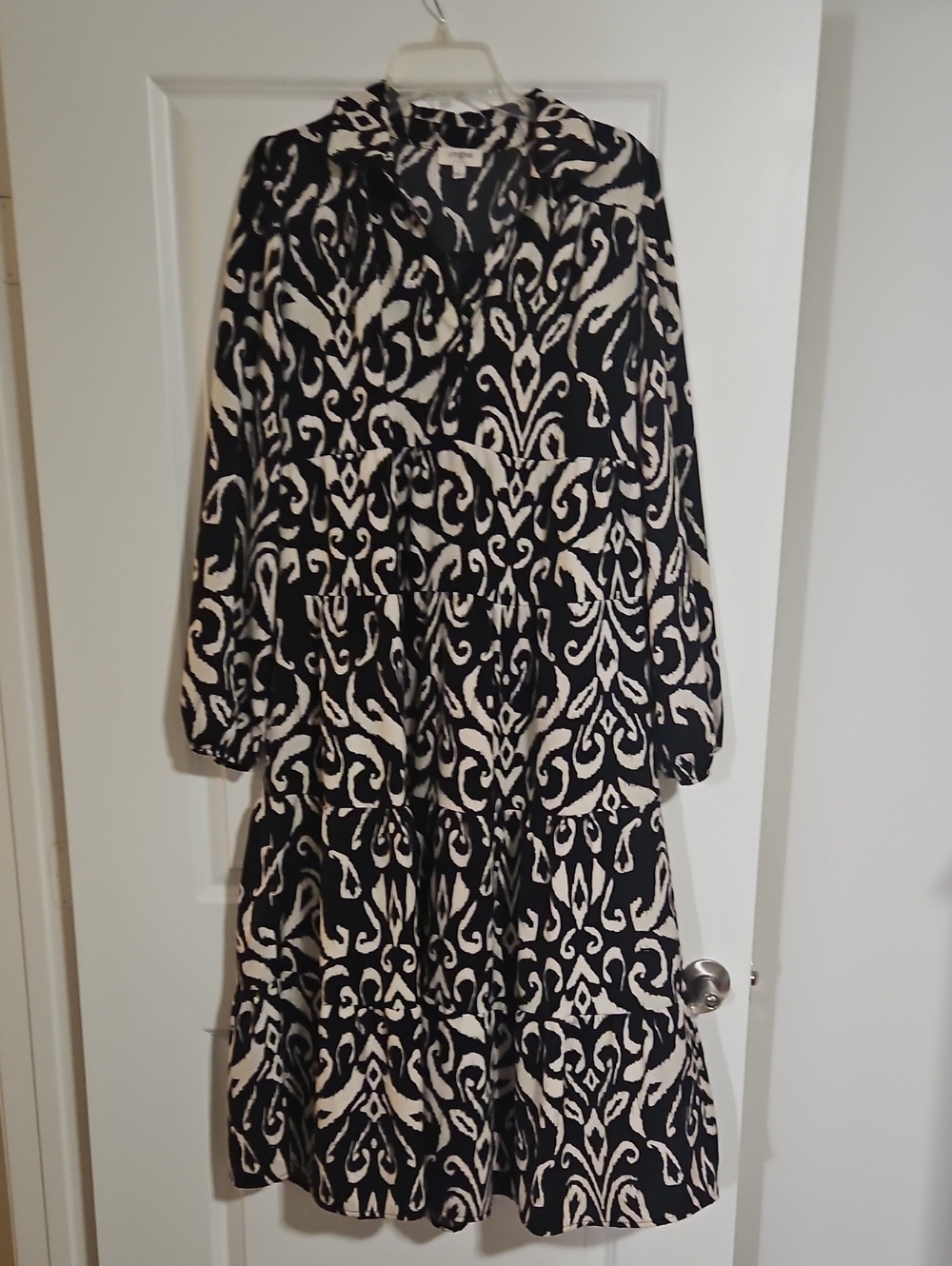Umgee Black & Cream Patterned Long Sleeve Tiered Dress